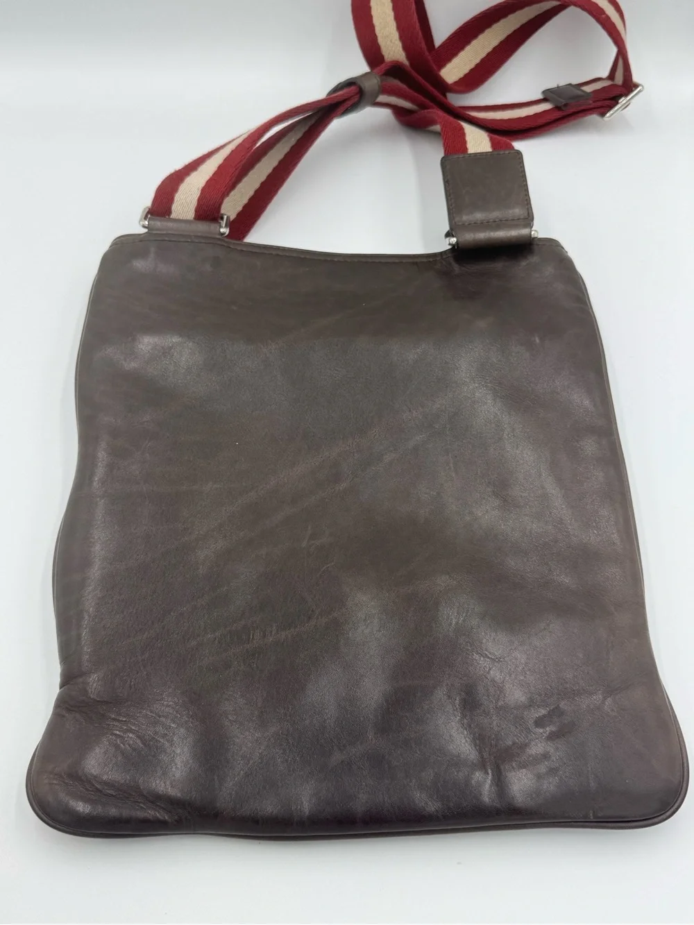 Bally Brown Smooth Leather Messenger with Red & Cream Striped Adjustable Strap